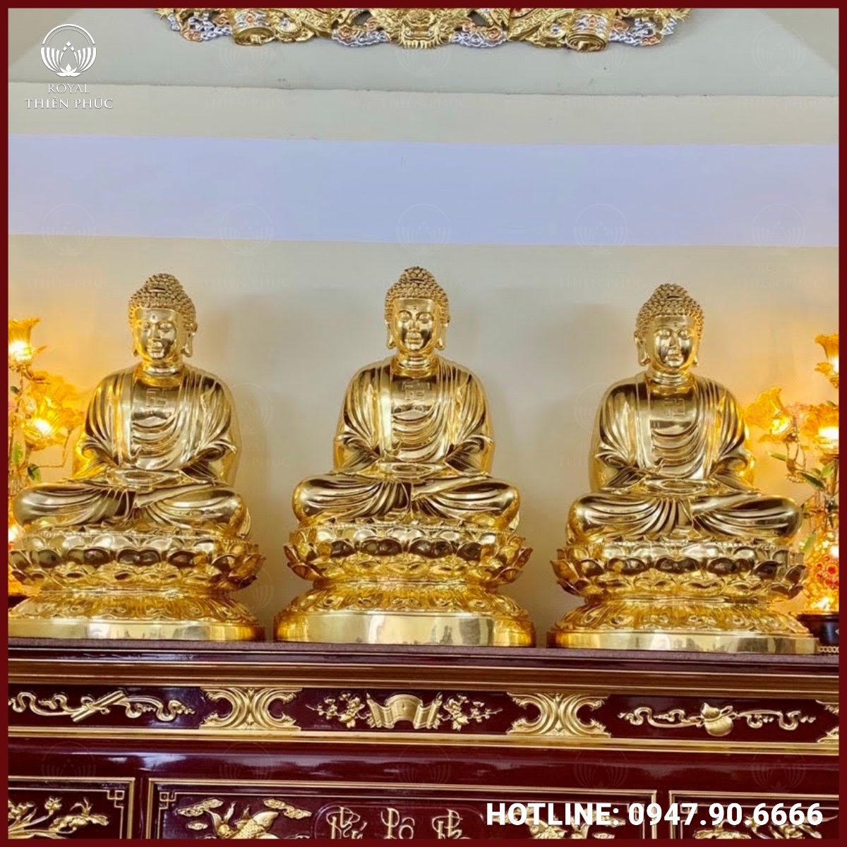 Bộ tượng Tam Thế Phật đồng đỏ dát vàng Bộ tượng Tam Thế Phật đồng đỏ dát vàng