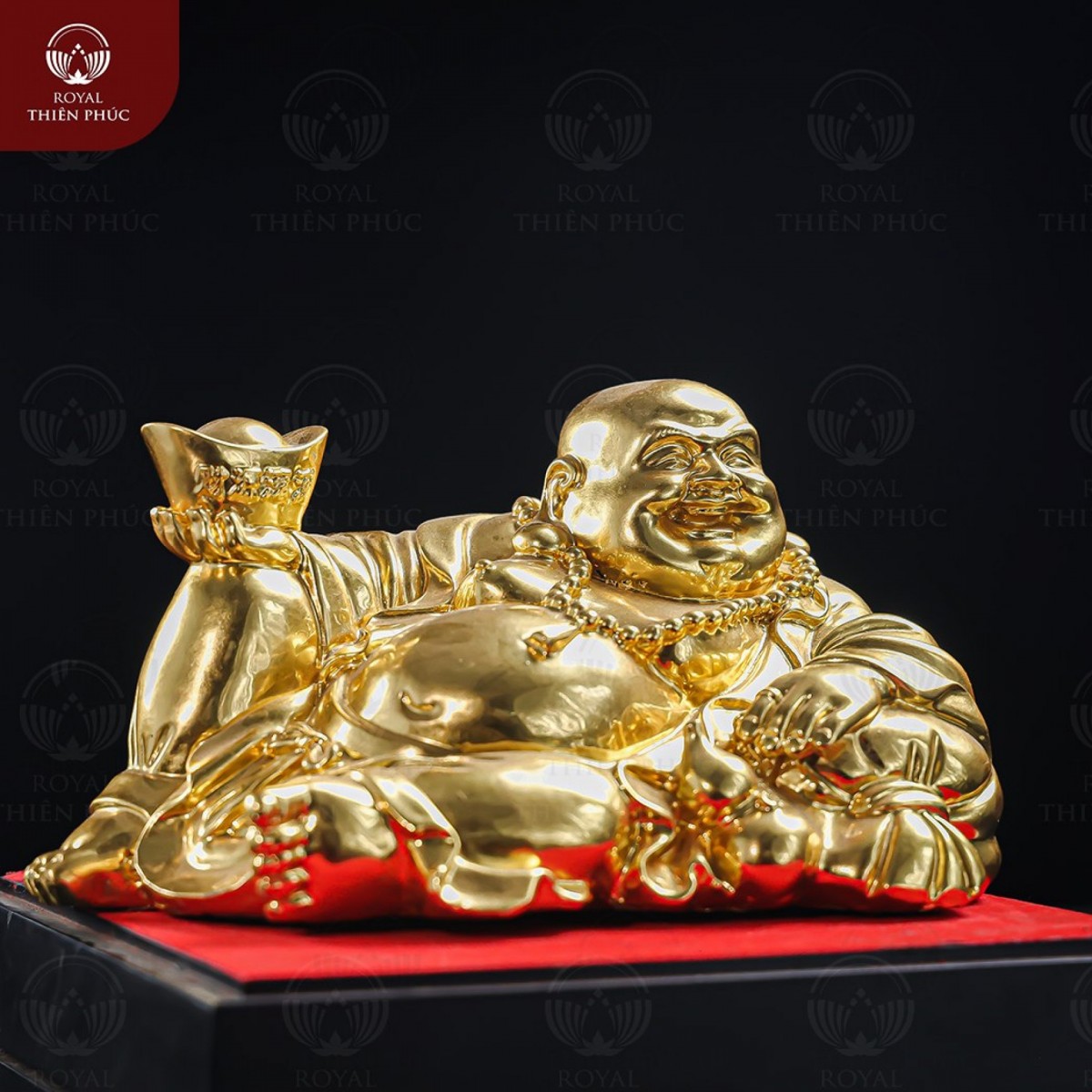 Tượng Phật Di Lặc nằm tựa túi vải bằng đồng vàng dát vàng Tượng Phật Di Lặc nằm tựa túi vải bằng đồng vàng dát vàng
