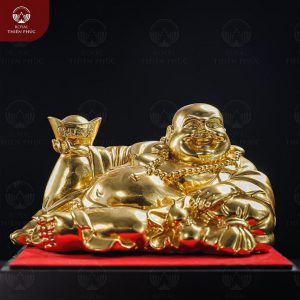 Tượng Phật Di Lặc nằm tựa túi vải bằng đồng vàng dát vàng
