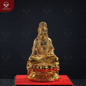 Tượng Quan Thế Âm Bồ Tát ngồi tòa sen bằng đồng mạ vàng cao 25cm