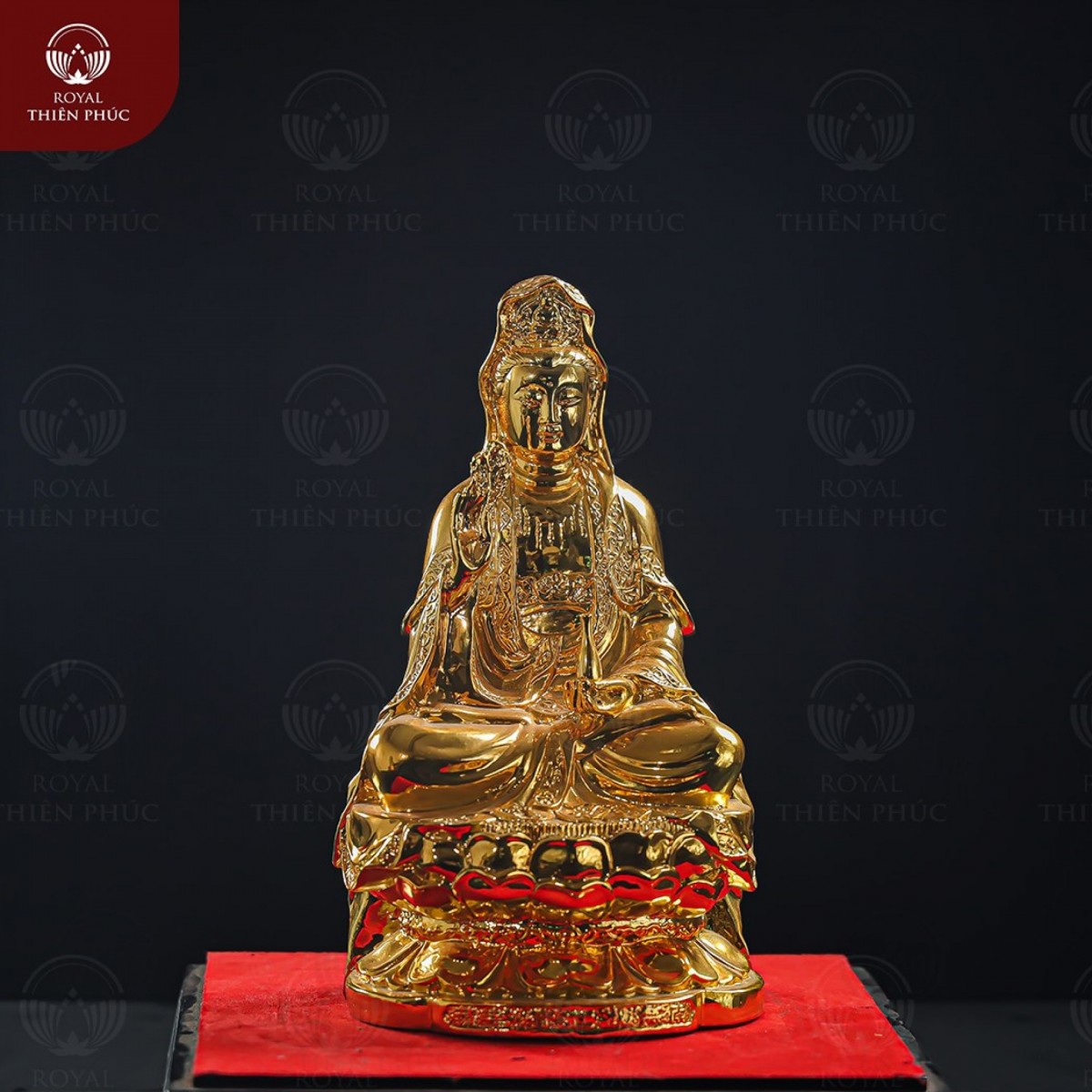 Tượng Quan Thế Âm Bồ Tát ngồi tòa sen bằng đồng mạ vàng cao 25cm Tượng Quan Thế Âm Bồ Tát ngồi tòa sen bằng đồng mạ vàng cao 25cm